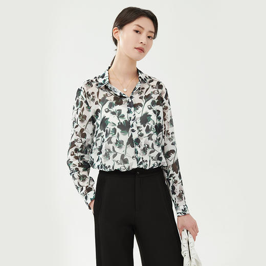 长袖印花雪纺衬衫女时尚洋气碎花上衣百搭显瘦立领衬衣22258 商品图1