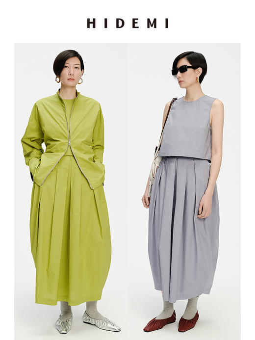 HIDEMI 简约拉链设计感自然棉质三件套套装 苹果绿衬衫/苹果绿茧型半身裙/雾霾蓝衬衫/雾霾蓝茧型半身裙/苹果绿短背心/雾霾蓝短背心 商品图0