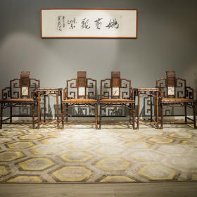 清 红木镶云石竹节工扶手椅成堂（四椅两几）