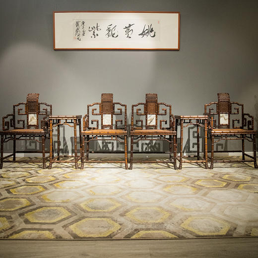 清 红木镶云石竹节工扶手椅成堂（四椅两几） 商品图0