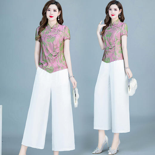YWE X22A068两件套装修身印花改良版旗袍上衣休闲阔腿裤 商品图5
