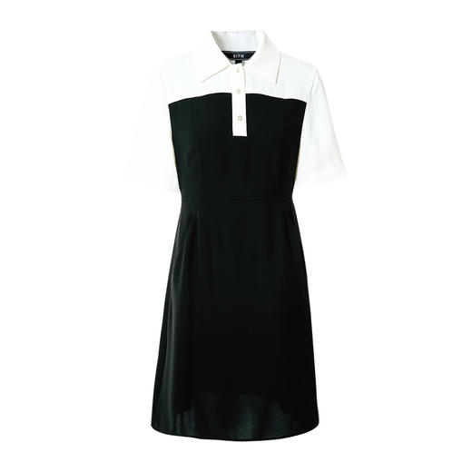 EITIE爱特爱夏季新款黑白撞色通勤时尚气质翻领收腰a字连衣裙B2207916 商品图5
