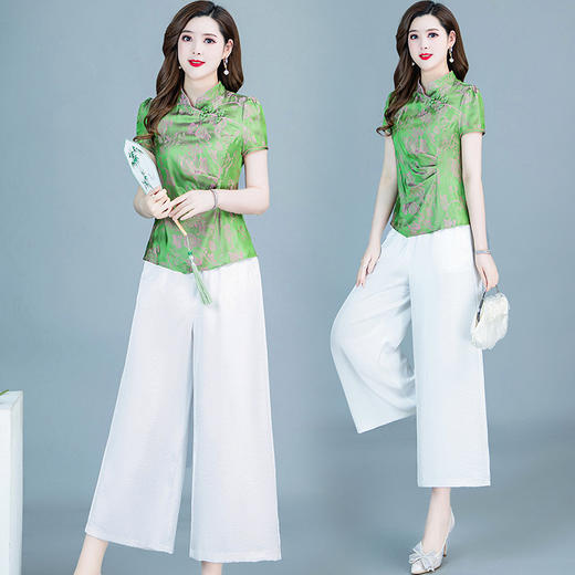 YWE X22A068两件套装修身印花改良版旗袍上衣休闲阔腿裤 商品图1