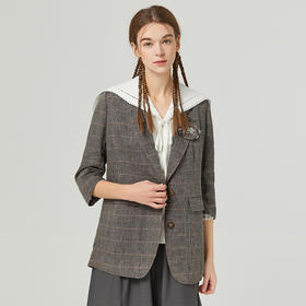 famecoco范可儿复古格子西装女新款夏季宽松亚麻防晒外套通勤F223AB010