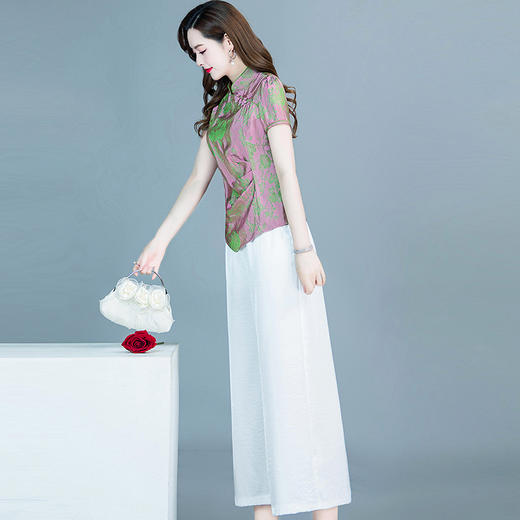 YWE X22A068两件套装修身印花改良版旗袍上衣休闲阔腿裤 商品图4