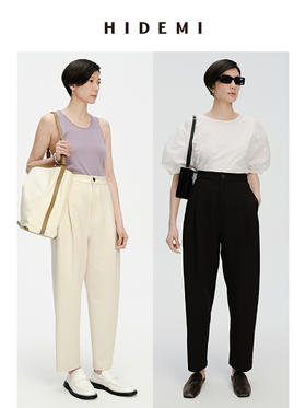 HIDEMI 一粒扣显瘦舒适茧型九分裤 豆乳白/黑色