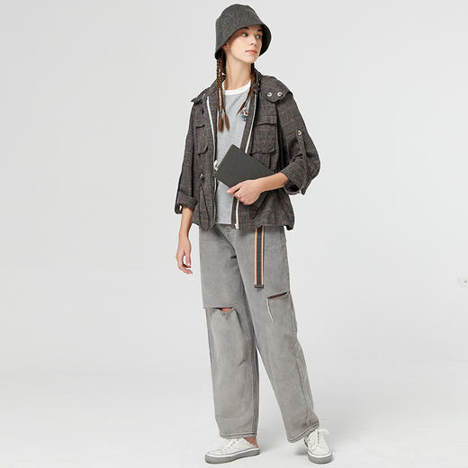 Famecoco范可儿复古夏季格子外套女新款工装夹克高级范短款F223AB009 商品图4