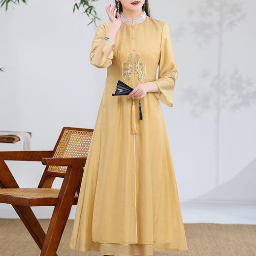 休闲文艺，天丝刺绣禅意茶服中长连衣裙KDS-2255 商品图1