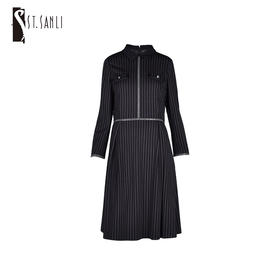 圣三利女装 九分袖条纹优雅连衣裙SL121L06
