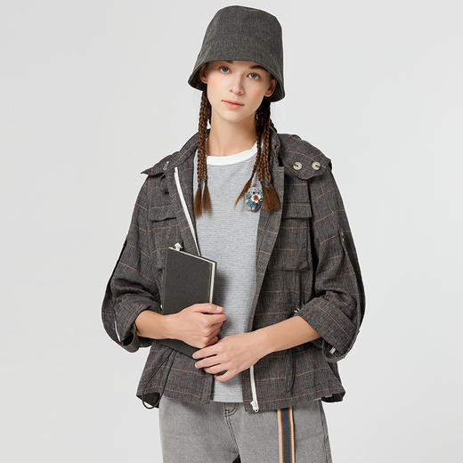 Famecoco范可儿复古夏季格子外套女新款工装夹克高级范短款F223AB009 商品图0