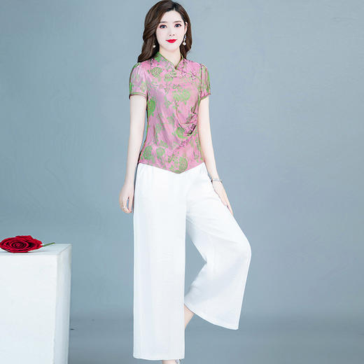 YWE X22A068两件套装修身印花改良版旗袍上衣休闲阔腿裤 商品图3