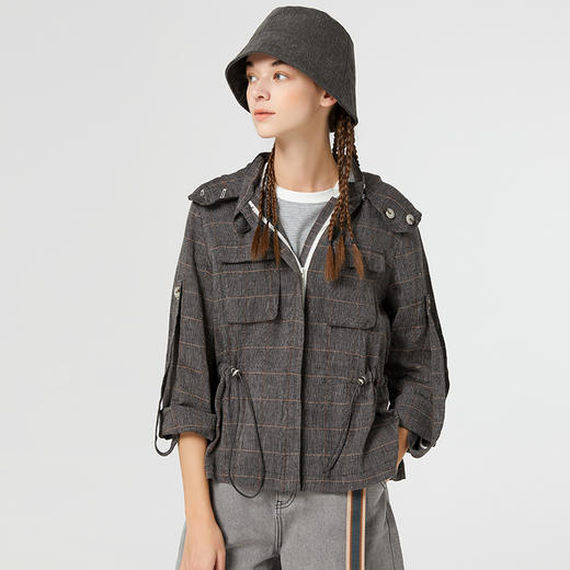 Famecoco范可儿复古夏季格子外套女新款工装夹克高级范短款F223AB009 商品图2