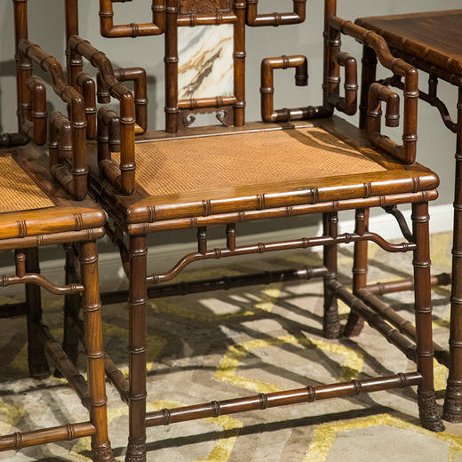 清 红木镶云石竹节工扶手椅成堂（四椅两几） 商品图2