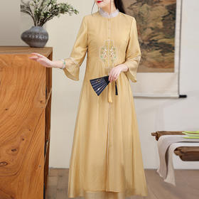 休闲文艺，天丝刺绣禅意茶服中长连衣裙KDS-2255