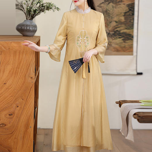 休闲文艺，天丝刺绣禅意茶服中长连衣裙KDS-2255 商品图0