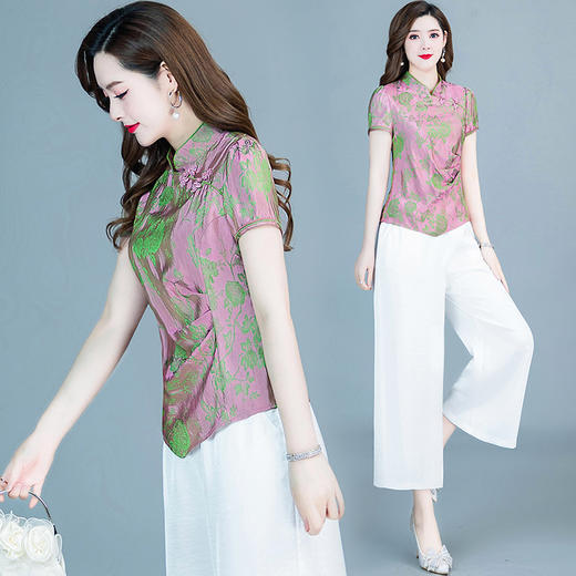 YWE X22A068两件套装修身印花改良版旗袍上衣休闲阔腿裤 商品图0
