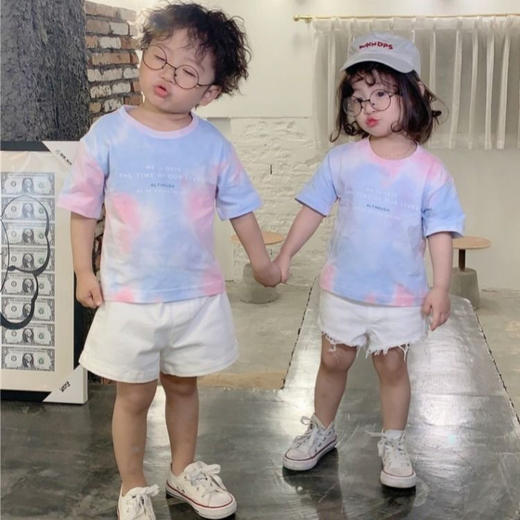 黛唯梵扎染T恤短袖亲子装一家三口四口夏季韩版休闲时尚母女父子装上衣国庆清明出游 商品图1