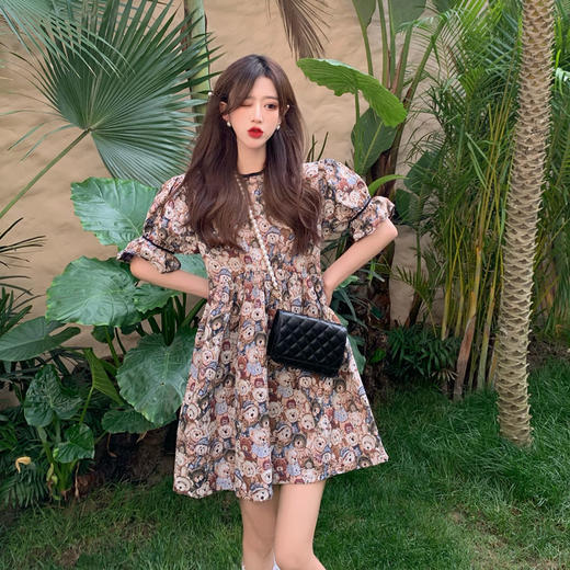 黛唯梵泡泡袖连衣裙女装设计感小众2022新款夏季复古可爱小熊时尚短裙子国庆清明出游 商品图5