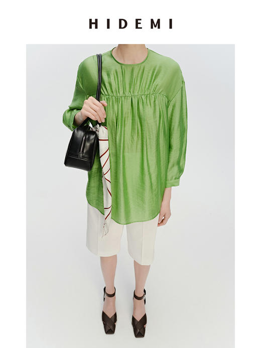 HIDEMI 轻盈风缕感简约设计感轻缎感压褶上衣 沁心绿/奶油米 商品图11