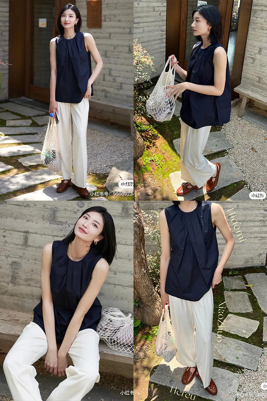 HIDEMI 褶皱设计感圆领棉质背心 藏蓝色/白色 商品图1