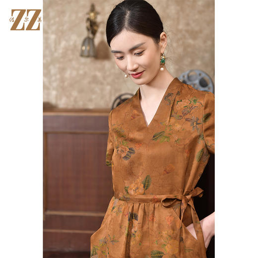 佐尔美2022夏季新款 红云纱桑蚕丝桑波缎印花连衣裙女E22LS28 商品图3