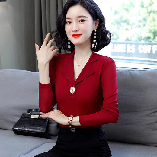 HMZY0718新款时尚气质收腰V领长袖网纱打底衫 商品图1