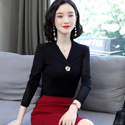HMZY0718新款时尚气质收腰V领长袖网纱打底衫 商品图8