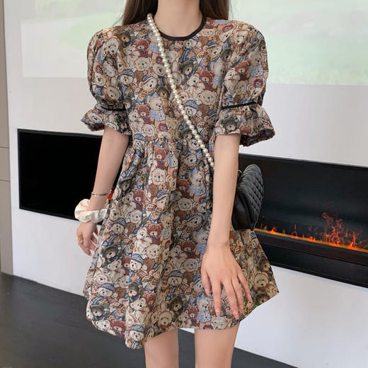 黛唯梵泡泡袖连衣裙女装设计感小众2022新款夏季复古可爱小熊时尚短裙子国庆清明出游 商品图8
