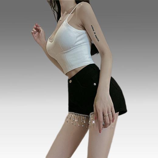 黛唯梵重工高腰2022夏装新款显瘦黑色修身显瘦流苏钉钻热裤潮短裤女国庆清明出游 商品图8