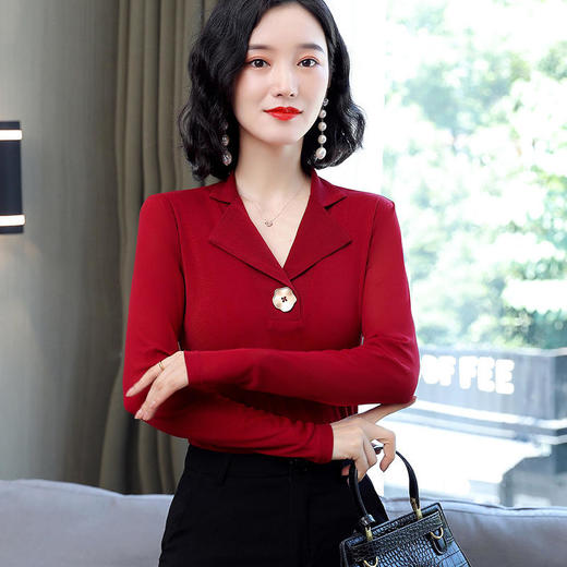 HMZY0718新款时尚气质收腰V领长袖网纱打底衫 商品图0