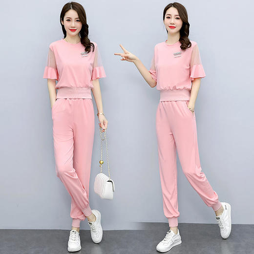 HRFS-WY88369新款时尚气质休闲圆领短袖上衣运动裤两件套 商品图1