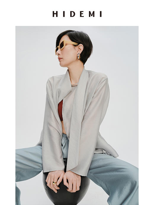 HIDEMI 轻盈风缕感雾霾蓝不对称丝巾式气质简约多穿上衣 商品图10