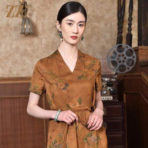 佐尔美2022夏季新款 红云纱桑蚕丝桑波缎印花连衣裙女E22LS28 商品图0