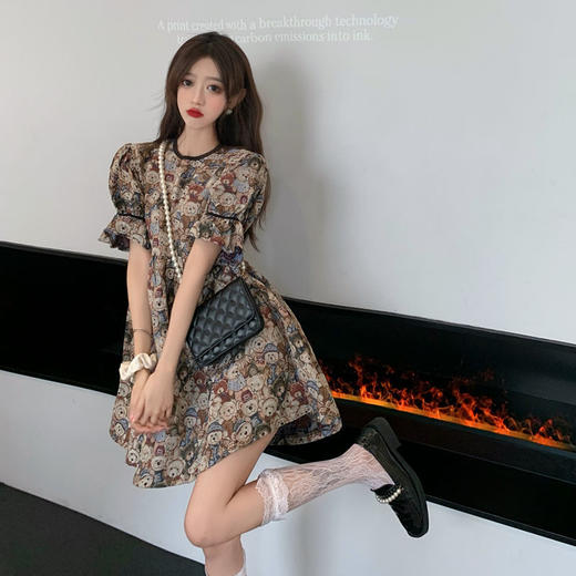 黛唯梵泡泡袖连衣裙女装设计感小众2022新款夏季复古可爱小熊时尚短裙子国庆清明出游 商品图9