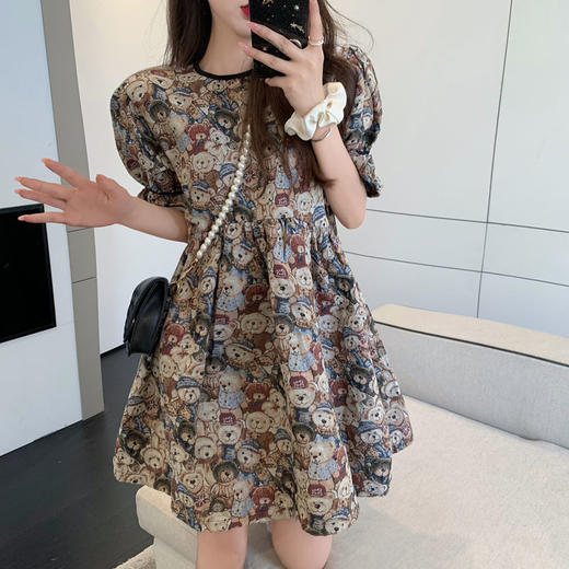 黛唯梵泡泡袖连衣裙女装设计感小众2022新款夏季复古可爱小熊时尚短裙子国庆清明出游 商品图7