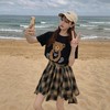 黛唯梵盐系套装女夏季时尚洋气小熊T恤+格子荷叶边半身裙炸街裙子两件套国庆清明出游 商品缩略图5