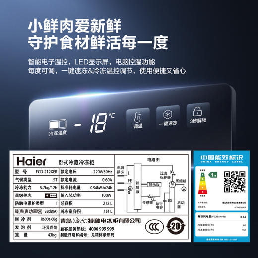 海尔212升双温冷藏冷冻柜 双温冷藏冷冻 家用商用 一级能效 节能低噪冰柜冷柜FCD-212XER 商品图4