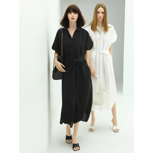 COCOBELLA气质通勤长款衬衫裙女泡泡袖系腰带遮肉连衣裙FR901 商品图4