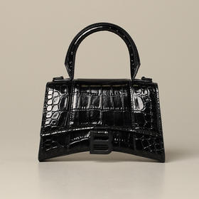 BALENCIAGA 巴黎世家 B标识沙漏包Hourglass系列鳄鱼纹手提包单肩斜挎包 女士提挎包 黑色 592833 1LR67 1000
