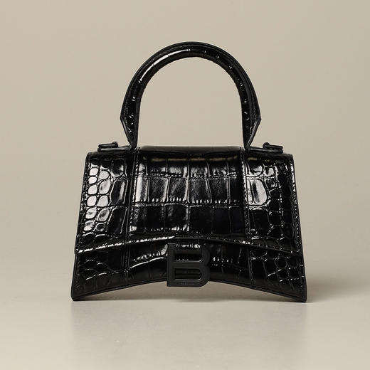 BALENCIAGA 巴黎世家 B标识沙漏包Hourglass系列鳄鱼纹手提包单肩斜挎包 女士提挎包 黑色 592833 1LR67 1000 商品图0