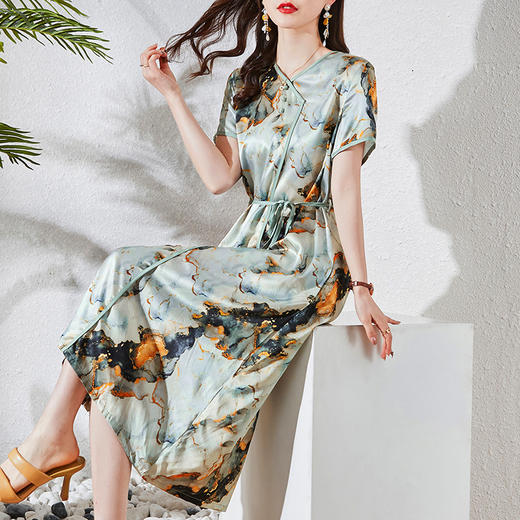 印花水墨画弹力绸缎真丝连衣裙,夏季年轻款桑蚕丝气质连衣裙KQN-3976 商品图0