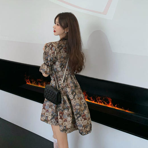 黛唯梵泡泡袖连衣裙女装设计感小众2022新款夏季复古可爱小熊时尚短裙子国庆清明出游 商品图3