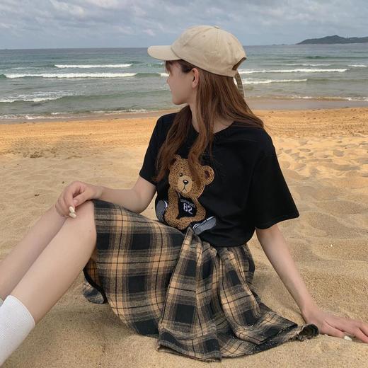 黛唯梵盐系套装女夏季时尚洋气小熊T恤+格子荷叶边半身裙炸街裙子两件套国庆清明出游 商品图7