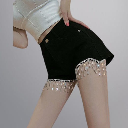 黛唯梵重工高腰2022夏装新款显瘦黑色修身显瘦流苏钉钻热裤潮短裤女国庆清明出游 商品图3