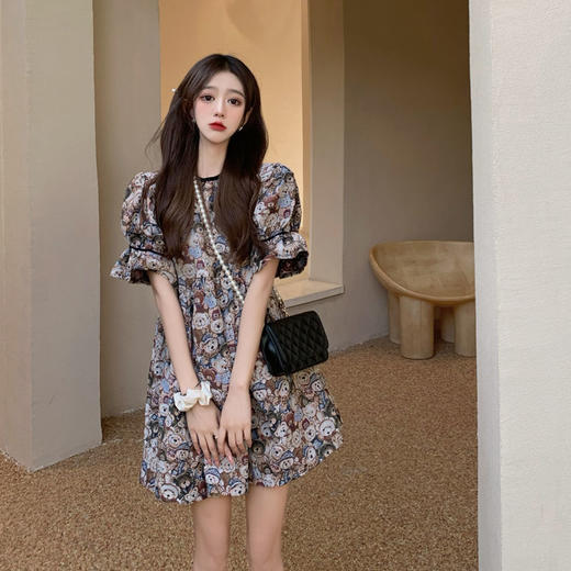 黛唯梵泡泡袖连衣裙女装设计感小众2022新款夏季复古可爱小熊时尚短裙子国庆清明出游 商品图1