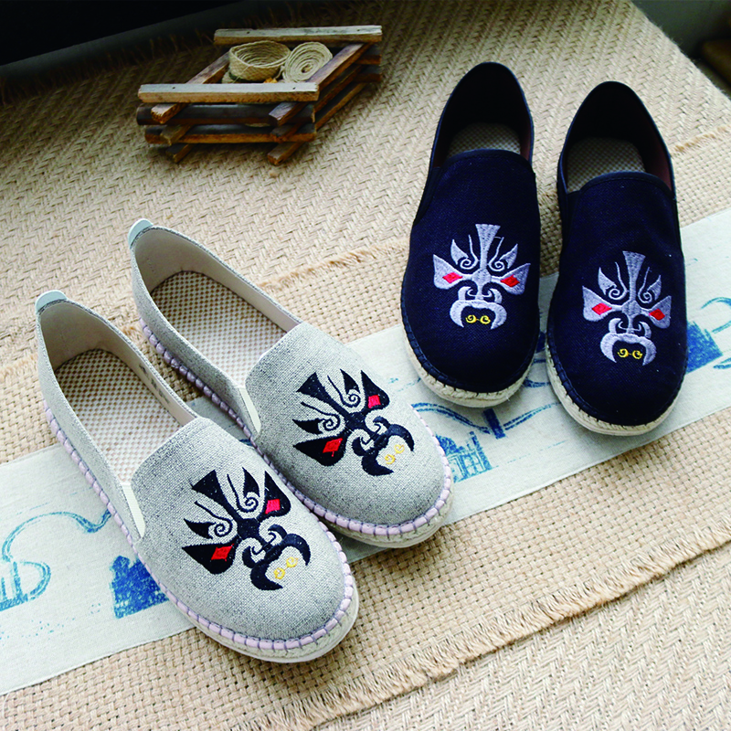 【买麻鞋，雅路人】防脚臭，夏季新款男鞋懒人鞋手工麻鞋时尚刺绣脸谱男鞋千层底布鞋1904-04M脸谱款