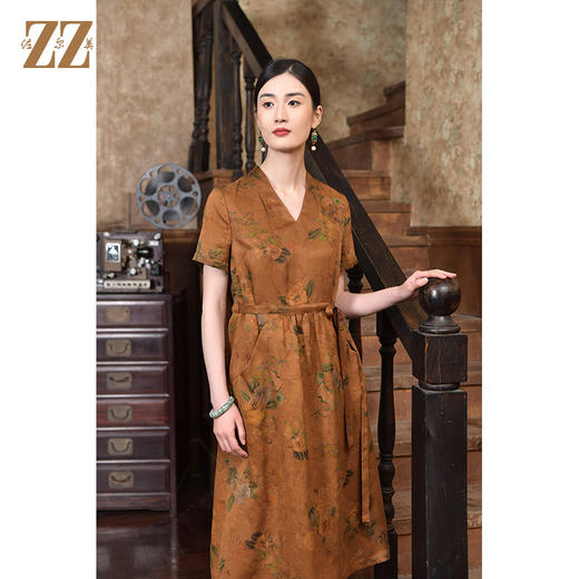 佐尔美2022夏季新款 红云纱桑蚕丝桑波缎印花连衣裙女E22LS28 商品图1