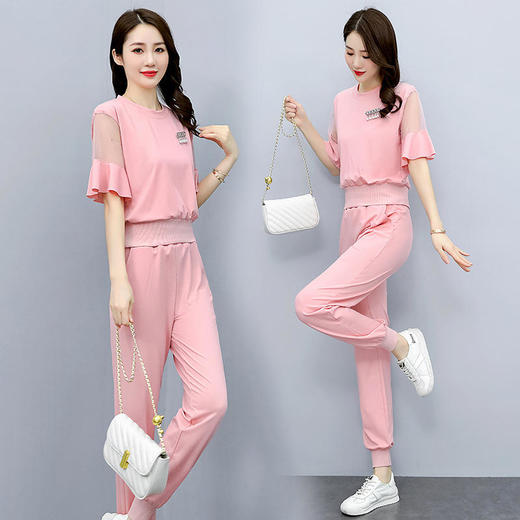 HRFS-WY88369新款时尚气质休闲圆领短袖上衣运动裤两件套 商品图0