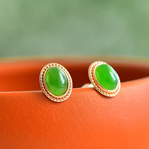 JX12170-1新款配汉服925银镀玫瑰金镶嵌和田碧玉耳钉 商品图1