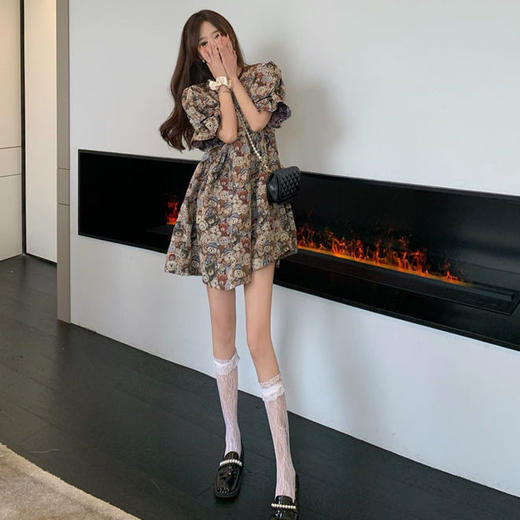 黛唯梵泡泡袖连衣裙女装设计感小众2022新款夏季复古可爱小熊时尚短裙子国庆清明出游 商品图4